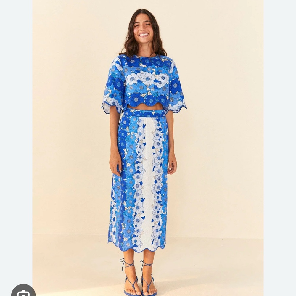FARM Rio Blue and White Midi Skirt Resort Wear